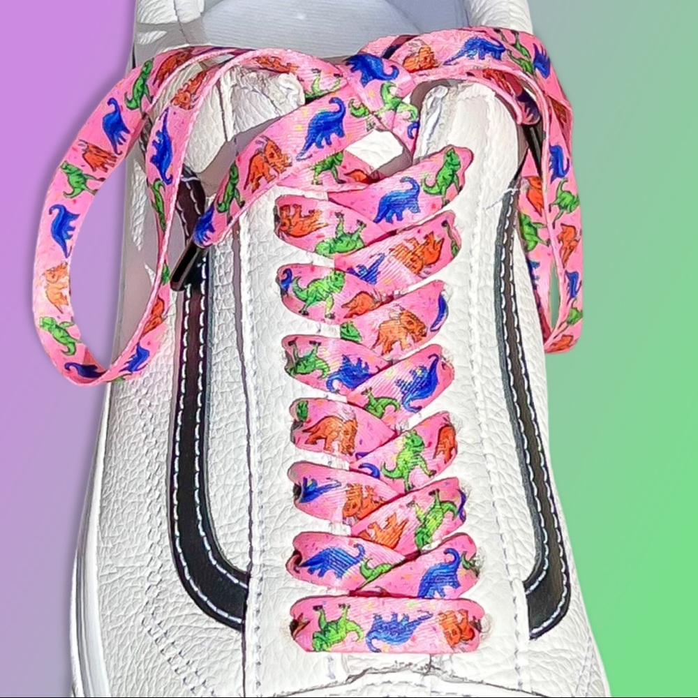 1 Pair Dinosaur Shoelaces Pink 100% Recycled FLAT in adult and child sizes